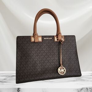 Michael Kors Signature Logo Satchel Quinn Brown CoatedCanvas Leather Trim Purse